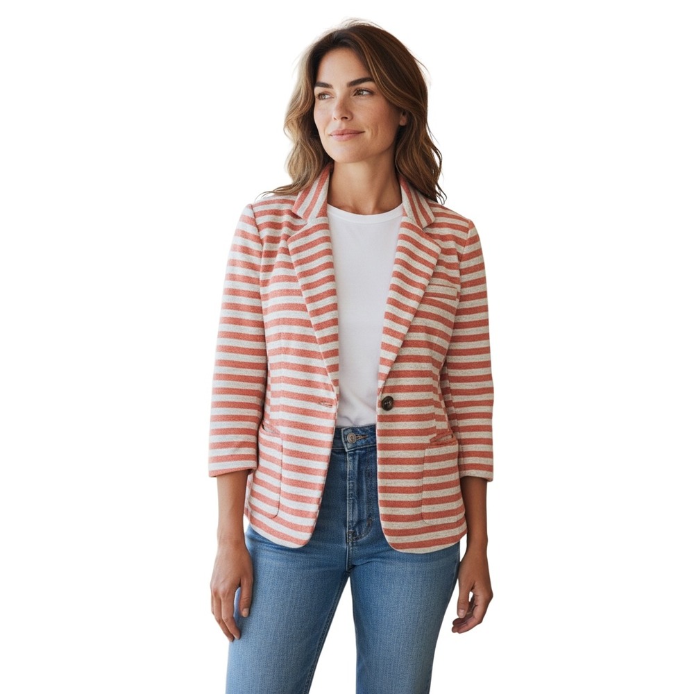 Anthropologie Cartonnier French Terry Striped Knit Blazer S Coral Gray